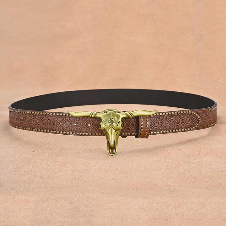 Genuine Leather Floral Engraved Embossed Real Leather Belt Designer Western Cowboy Studded Belt With Longhorn Bull Buckle - 图片 3
