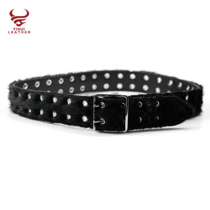 Wholesale Fancy Punk Faux Fur Leather Belt Men Double Pin Buckle studded Holes Black Horse Hair PU Leather Belt for Women - 图片 2