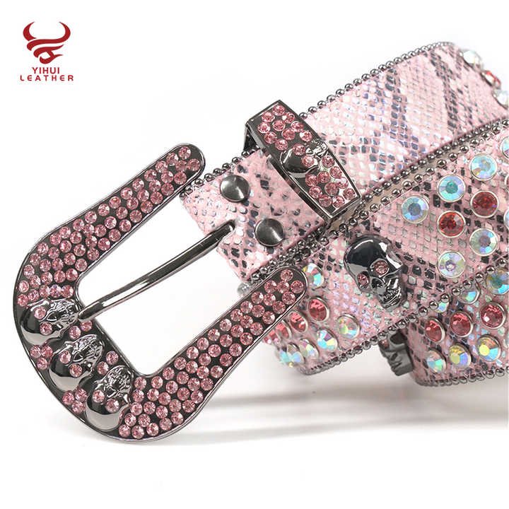 Women Pink Snakeskin Skull Belts Colorful Diamond Studded PU Leather Rhinestone Belt - 图片 3