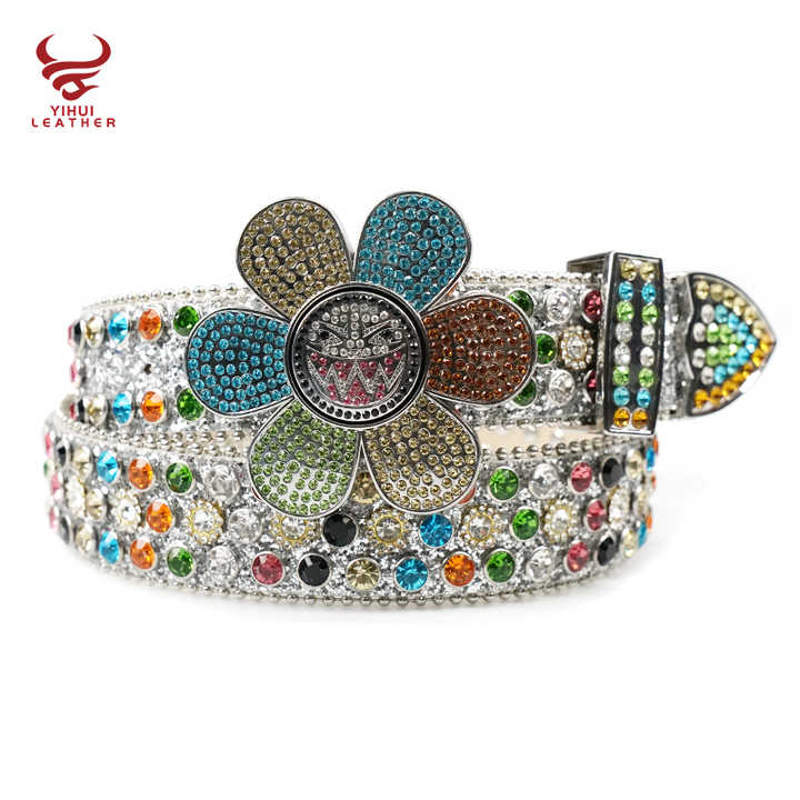 Custom logo PU Leather Rivet BB Belt Strap Designer Shiny No Buckle Diamond Studded Flower Rhinestone Belts for Men Women - 图片 4