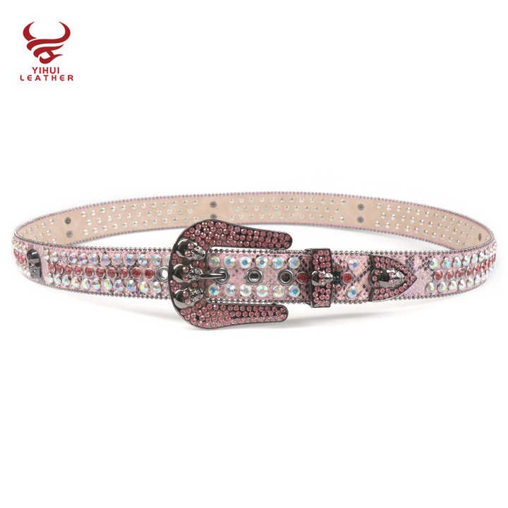 Women Pink Snakeskin Skull Belts Colorful Diamond Studded PU Leather Rhinestone Belt - 图片 5