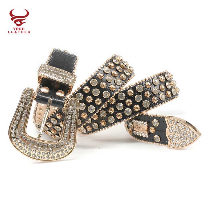 Fashion Luxury Famous Brands Cinturones Woman Diamond Belt Black PU Leather Gold Stud Shiny Rhinestone Belt - 图片 2