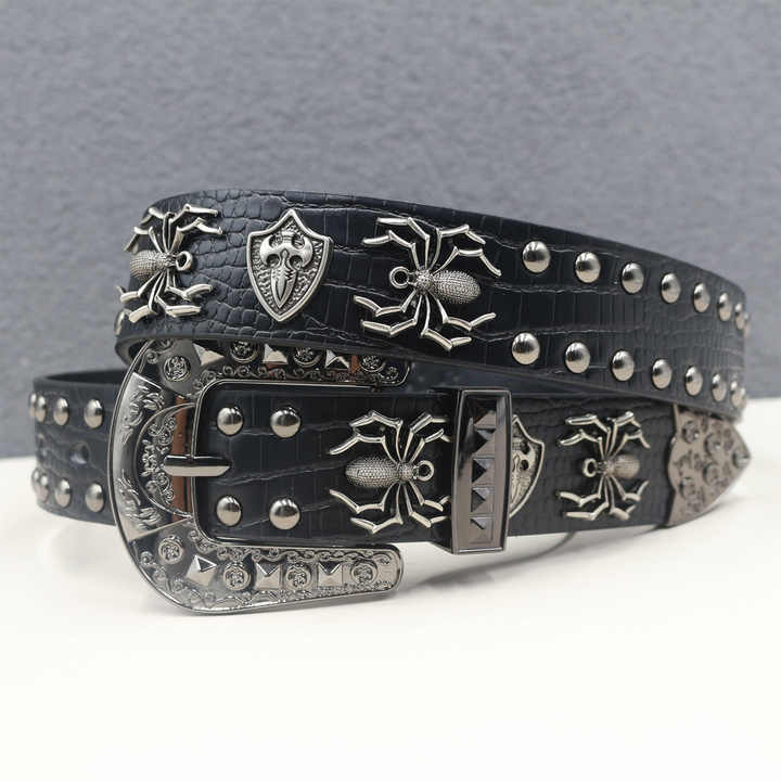 Y2K Studded Goth Belt Western Cowgirl Cowboy Crocodile Pattern Pants Belt Western Studded Spider Leather Belt with 3 Pics Buckle