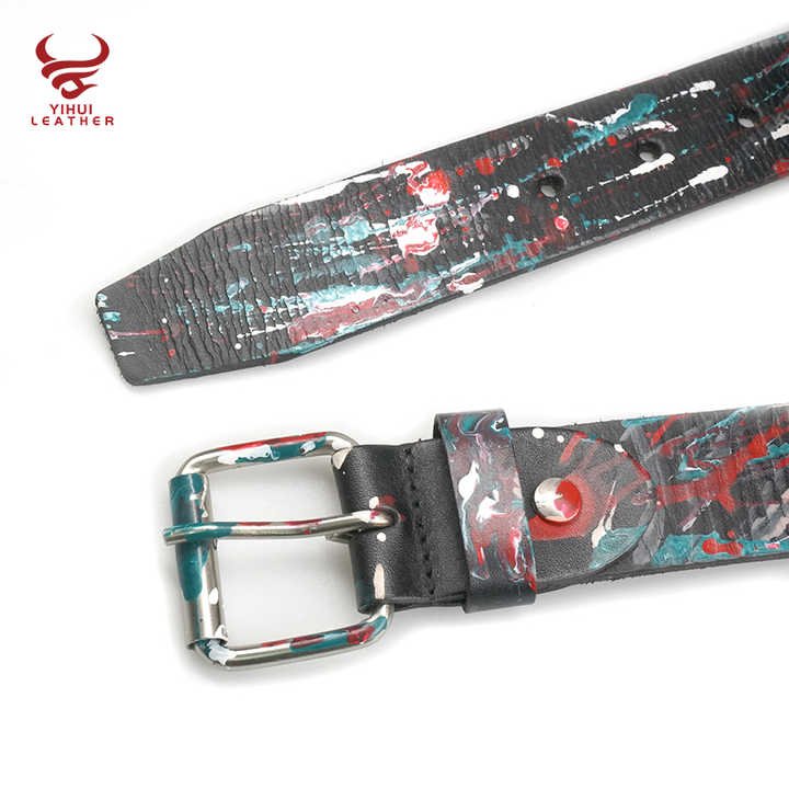 Designer Roll Buckle 3-Row Metal Pyramid Studded Artist Painting Genuine Leather Luxury Black Punk Belt for Men Women - 图片 3