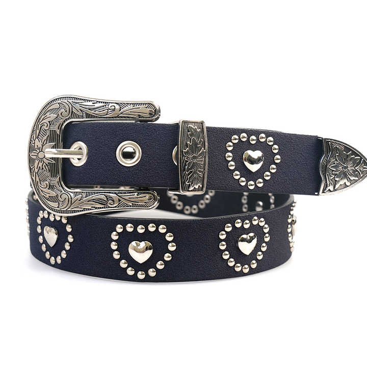 Fashion Graved Buckle PU Leather Studded Belt Women Vintage Western Cowboy Metal Heart Rivets Waist Belt for Ladies Girls - 图片 4