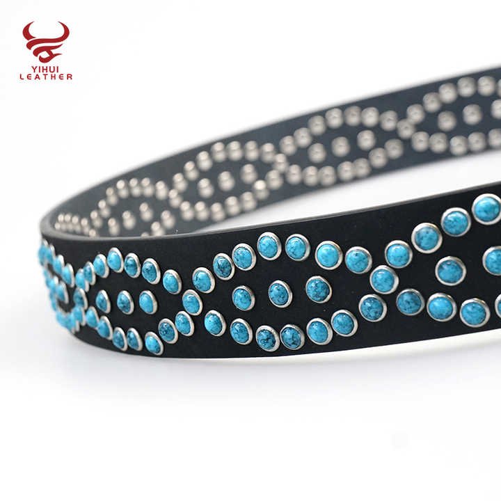 Western Handmade Pin Buckle Vintage Concho Belt Women Wholesale Western Faux Leather Retro Studded Turquoise Stones Jeans Belt - 图片 5