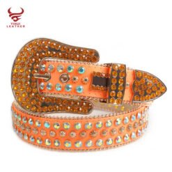 Newest Designer PU Leather Bling Bling Big Buckle Rhinestone Belts Designer Shining Crystal Orange Color Diamond Belt for Boys