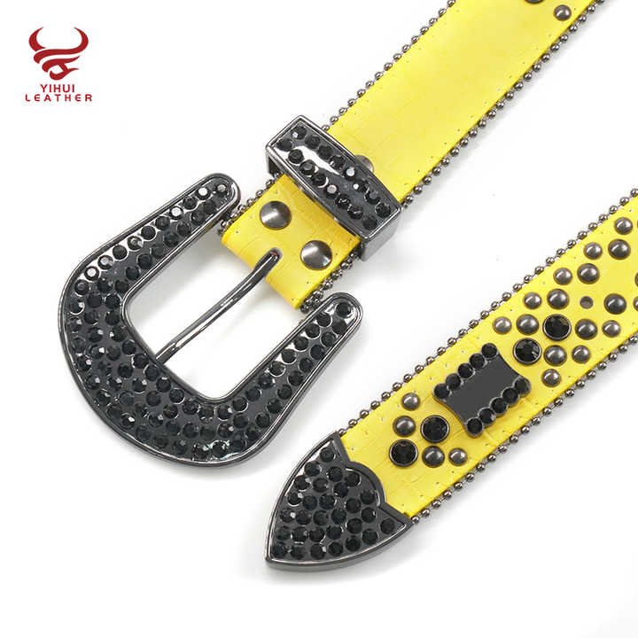 Custom Yellow Color 1.5" Luxury Cowboy Removable Diamond Belts Rockstar Cowboy Yellow Rhinestone Belts - 图片 4