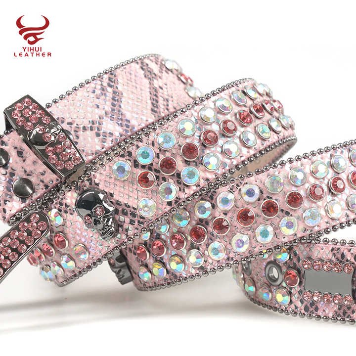 Women Pink Snakeskin Skull Belts Colorful Diamond Studded PU Leather Rhinestone Belt - 图片 4