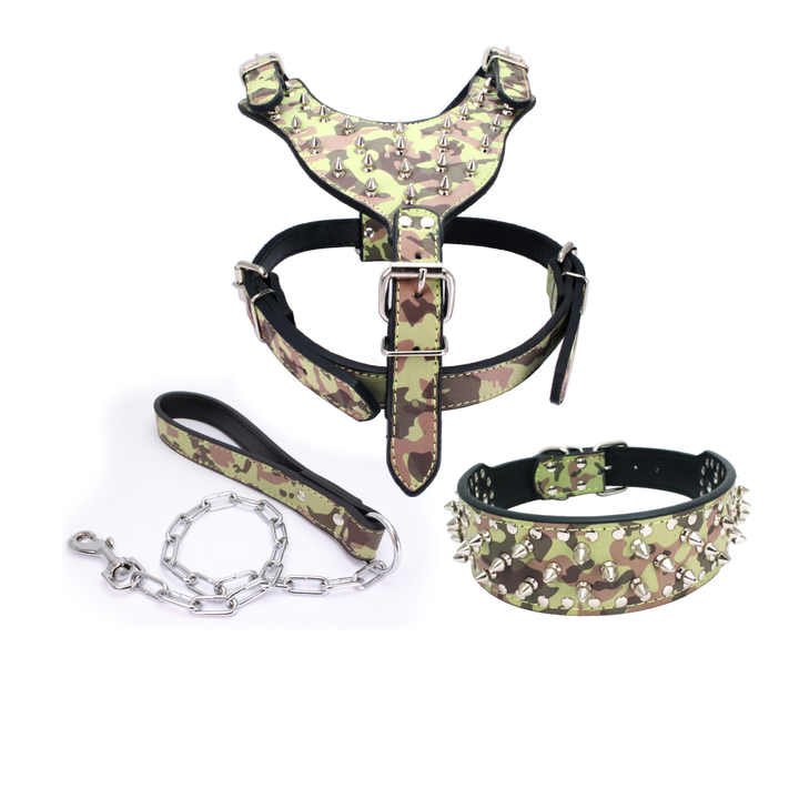Pink Leopard Funny Rottweiler PU Leather Studded Rivet Dog Collar with Leash Spike Leather Collar and Harness 3 Pcs Set for Dogs - 图片 4