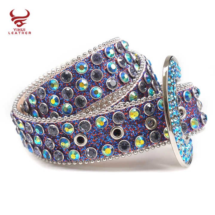 Manufacture Famous Brand Genuine Leather Belts Shiny Bling Designer Rhinestones Belt - 图片 3