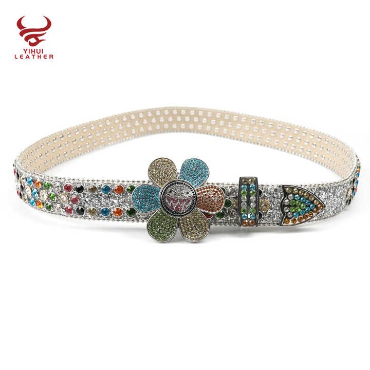 Custom logo PU Leather Rivet BB Belt Strap Designer Shiny No Buckle Diamond Studded Flower Rhinestone Belts for Men Women - 图片 6