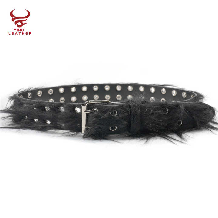 Wholesale Fancy Faux Fur Leather Punk Belt Men Double Pin Buckle Double studded Holes Black Horse Hair PU Leather Belt for Women - 图片 2