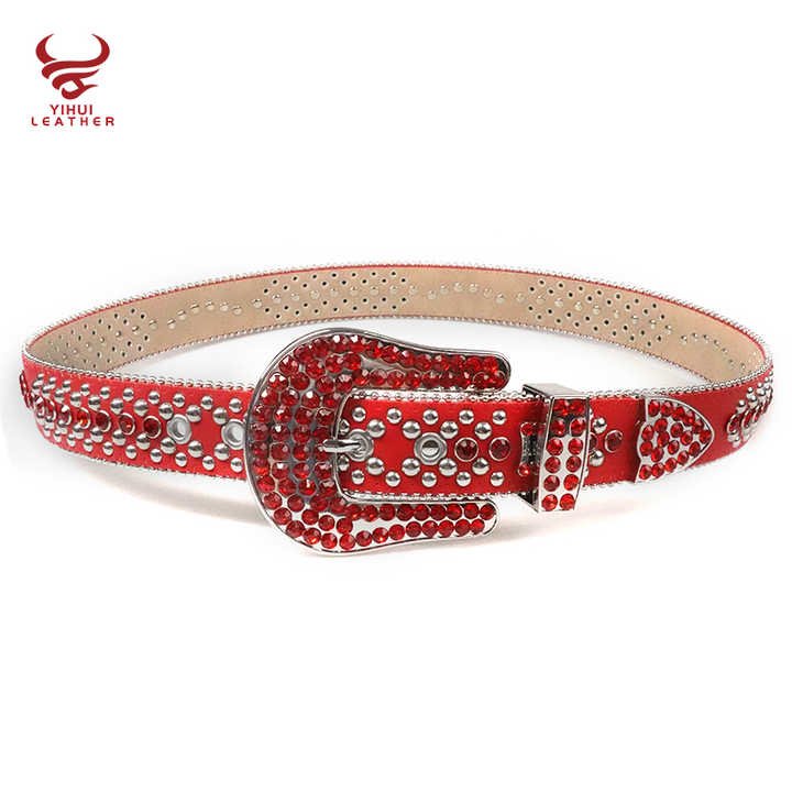 Manufacture Wholesale New Designer PU Leather Belts Shiny Big Buckle BB Simon Studded Red Diamond Crystal Rhinestone Belt - 图片 3