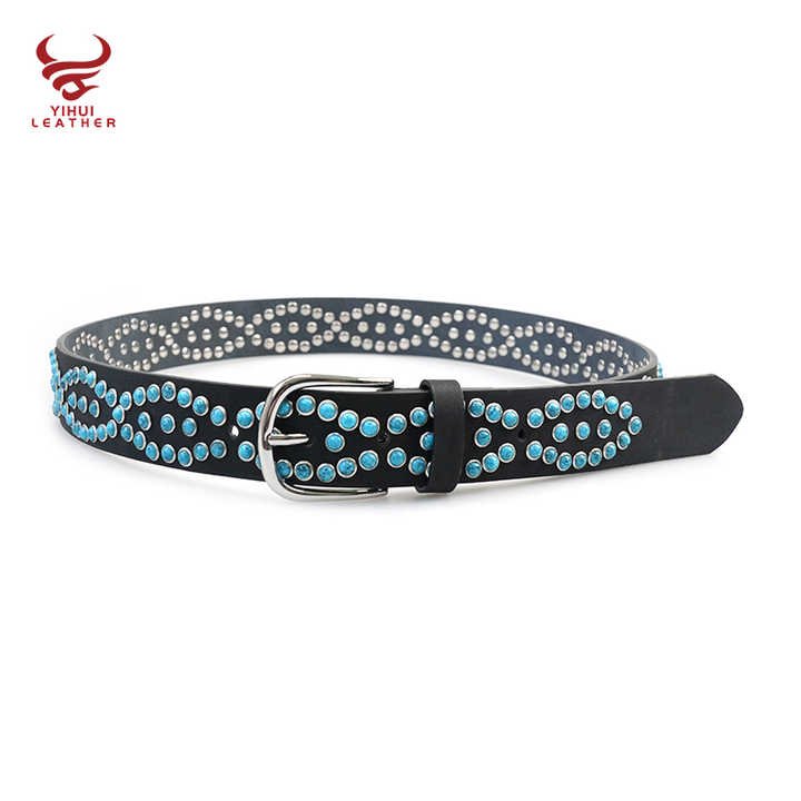 Western Handmade Pin Buckle Vintage Concho Belt Women Wholesale Western Faux Leather Retro Studded Turquoise Stones Jeans Belt - 图片 2