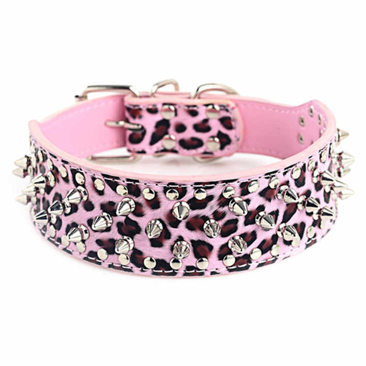 Pink Leopard Funny Rottweiler PU Leather Studded Rivet Dog Collar with Leash Spike Leather Collar and Harness 3 Pcs Set for Dogs - 图片 3