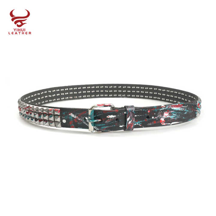 Designer Roll Buckle 3-Row Metal Pyramid Studded Artist Painting Genuine Leather Luxury Black Punk Belt for Men Women - 图片 5