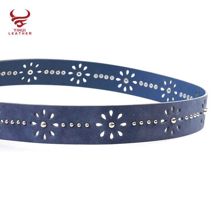 Wholesale Pin Buckle Studded Mushroom Rivets Belts Women Hollow Flower Jeans New Faux Leather Studded Blue Belt for Girls Dress - 图片 2