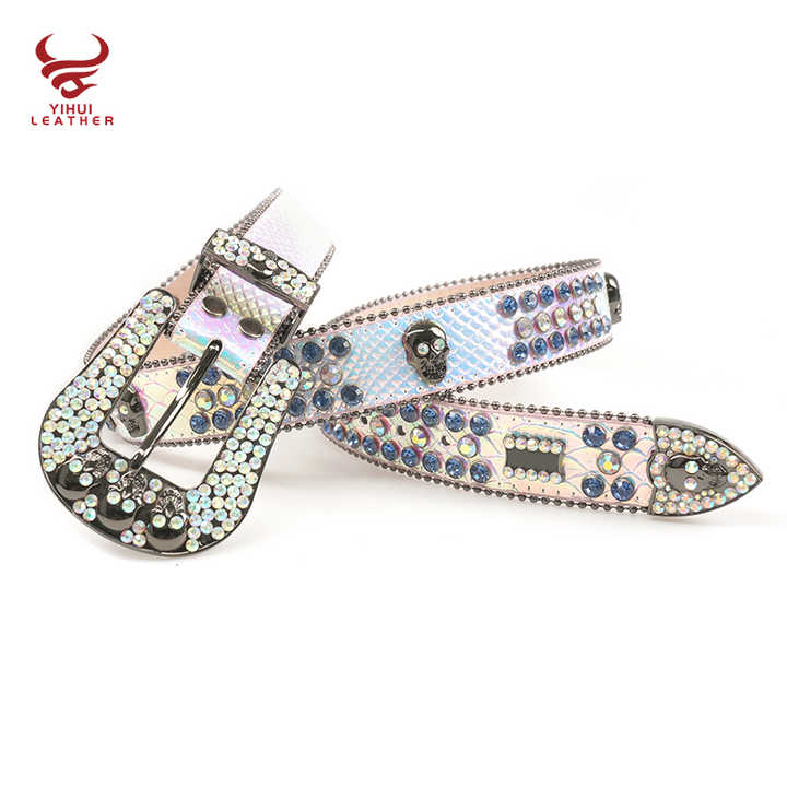 2021 New Arrival Famous Brands Cinturones Woman Belt PU Leather White Skull Rhinestone Belts - 图片 2