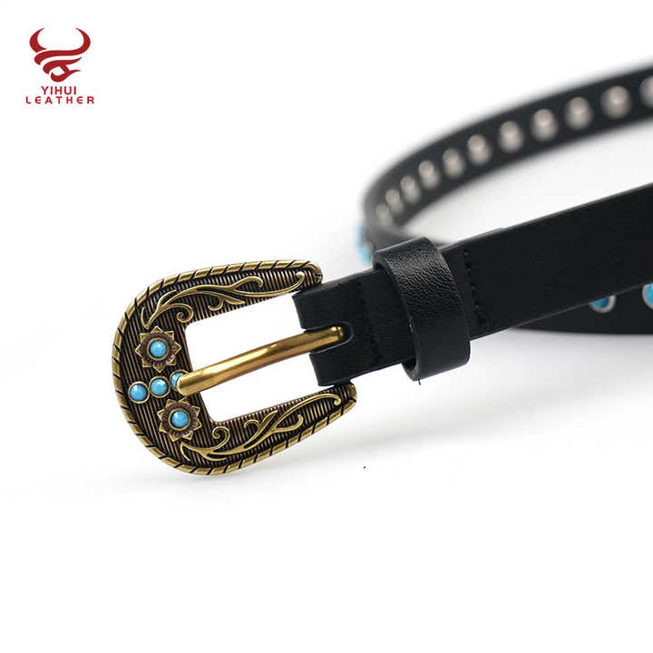 New Arrival Western Antique Studded Rivet Turquoise Women Belt Bling Bling Bronze Buckle Thin Faux Leather Waist Belt for Girls - 图片 5