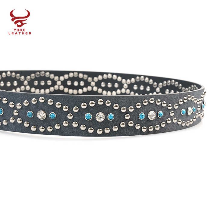 Designer Pin Buckle Bling Bling Mushroom Rivets Pants Belt for Women New Fashion 39mm Width Studded Turquoise Rhinestone Belt - 图片 3