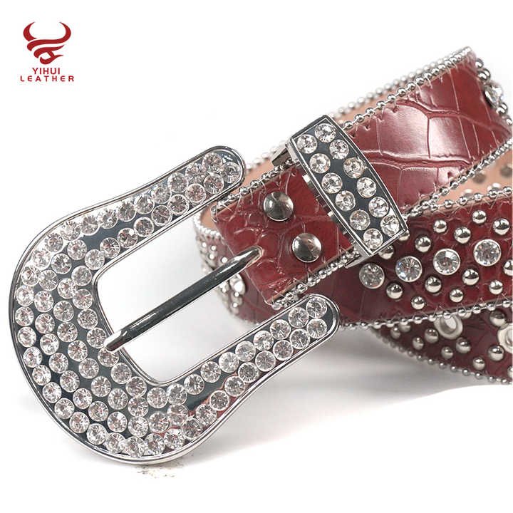 Designer Cross on the Red Leather Belt Shiny Diamond Western Cowboy Cowgirls Bling Big Buckle Rhinestones Belt Men - 图片 5