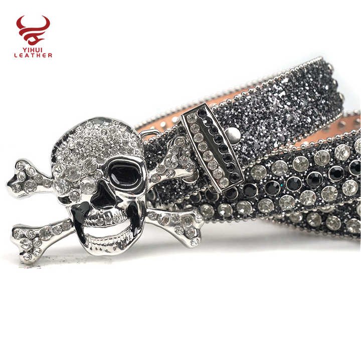 Custom logo Bling Bling BB Belt studded Diamond PU Leather Strap Black Skull Buckle Western Cowboy Rhinestone Belt for Men - 图片 2