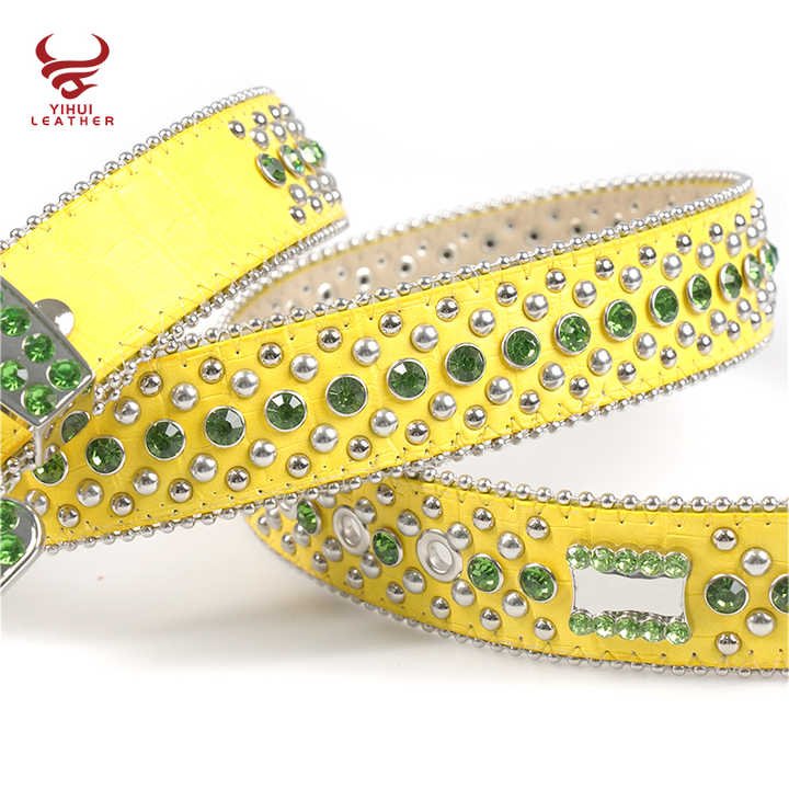 Factory New Original Style Western Cowboy Yellow Crocodile PU Green Shinning Rhinestone BB Simon Belt - 图片 3