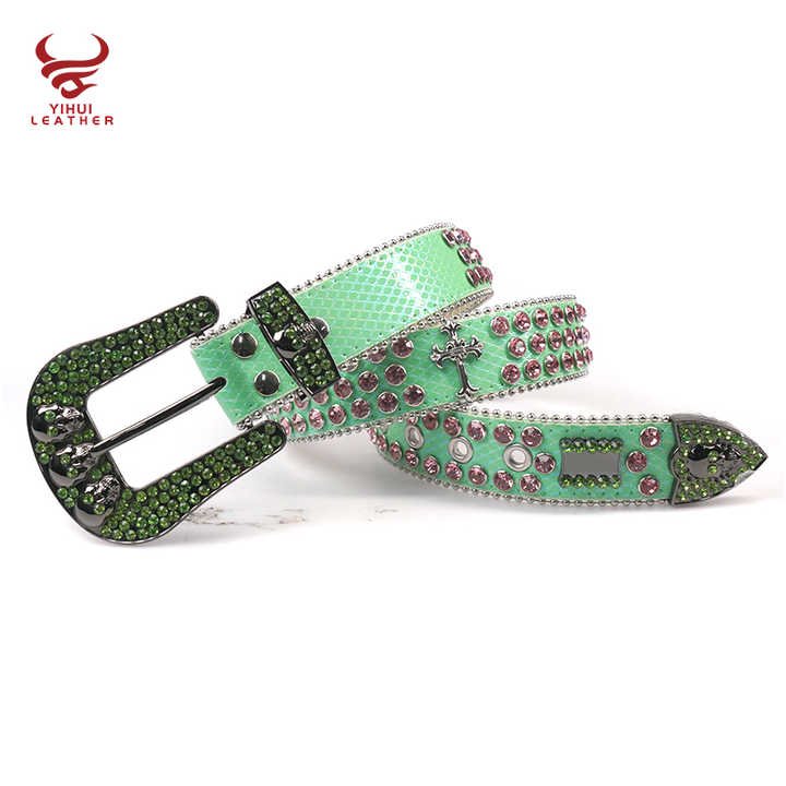 Custom Cross on Genuine Leather Belt Skull Buckle Shiny Pink Diamond Western Women Bling Bling Green Rhinestones Belt Men - 图片 2