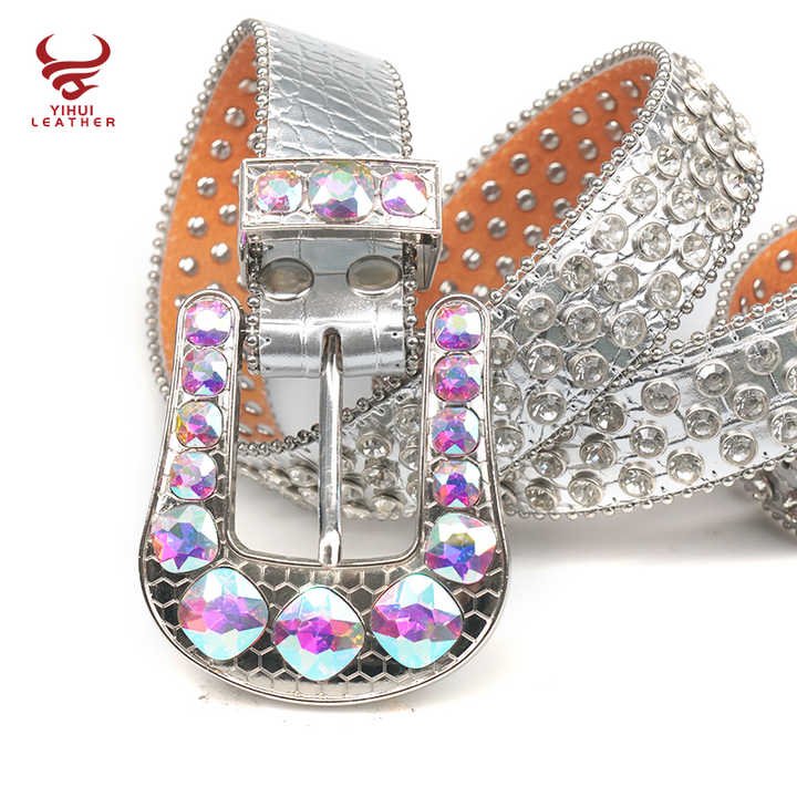 Customized Western studded Big Buckle Cowboy Leather Rhinestone Belts Designer Inspired White Diamond Belts for Boys Girls - 图片 2