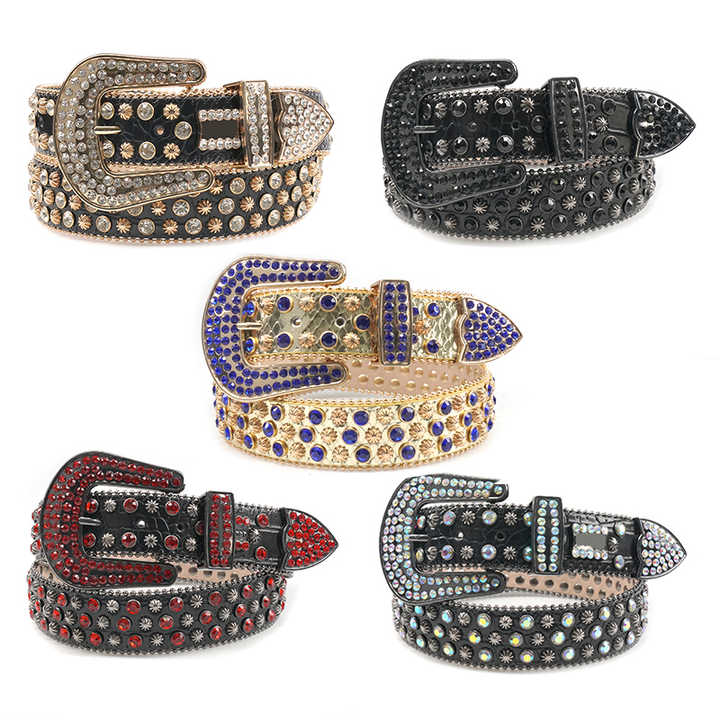 Fashion Luxury Famous Brands Cinturones Woman Diamond Belt Black PU Leather Gold Stud Shiny Rhinestone Belt - 图片 5
