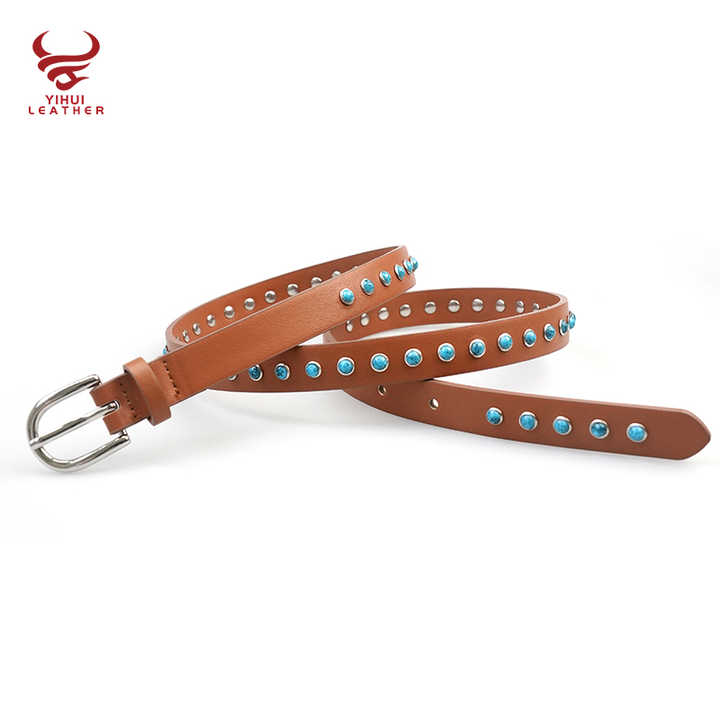 New Arrival Western Antique Studded Rivet Turquoise Women Belt Bling Bling Bronze Buckle Thin Faux Leather Waist Belt for Girls - 图片 3