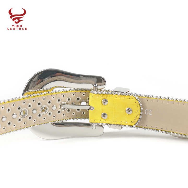 Factory New Original Style Western Cowboy Yellow Crocodile PU Green Shinning Rhinestone BB Simon Belt - 图片 6