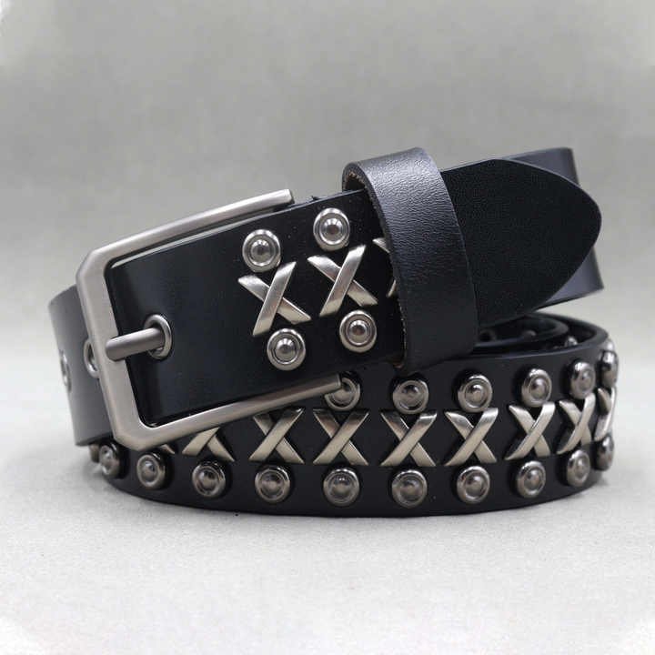 Halloween Women Black Rock Style Genuine Leather Body Belt Designer Studded Grommet Rivets Punk Rock Gothic Y2K Jeans Belt - 图片 4
