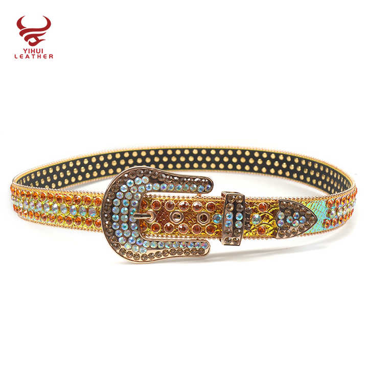 Bling Western Diamond Belt Young Men Big Buckle Colourful Gold Alligator Skin With Stones Belt Boys BB Simon - 图片 3
