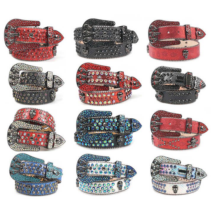 Wholesale Luxury Strap Rhinestones Belt Western Cowboy Crystal Glitter Diamond Studded Golden Big Skull Buckle Belts BB Simon - 图片 6