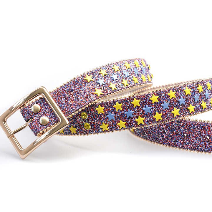 New Shiny Western Cowgirls studded Glitter Sequin Strap Belt PU Leather Waist Belts studded Purple Star Rhinestone Belts for Men - 图片 3