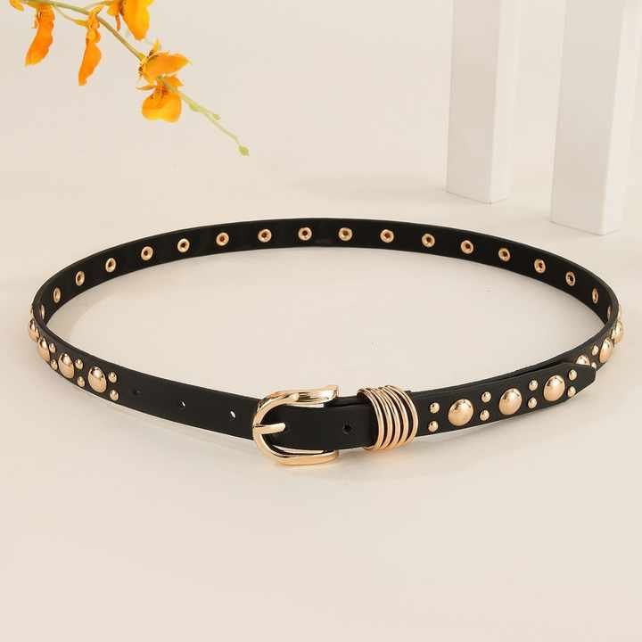 Manufacture Wholesale Vintage Leather Waist Belt for Jeans Dress New Trendy Women Golden Belts Fashion Punk Studded Girls Belt - 图片 5