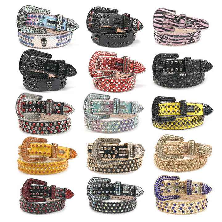 Custom logo Bling Bling BB Belt studded Diamond PU Leather Strap Black Skull Buckle Western Cowboy Rhinestone Belt for Men - 图片 6