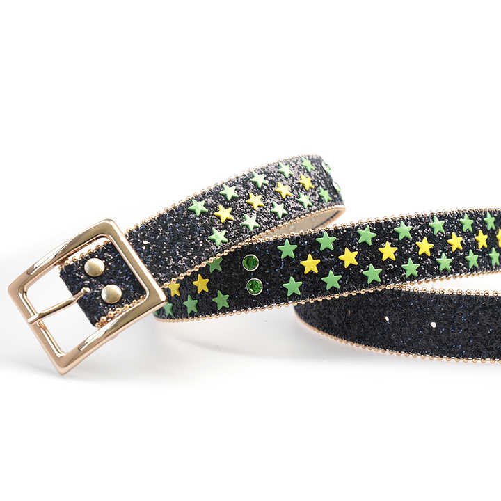 New Shiny Western Cowgirls studded Glitter Sequin Strap Belt PU Leather Waist Belts studded Purple Star Rhinestone Belts for Men - 图片 6