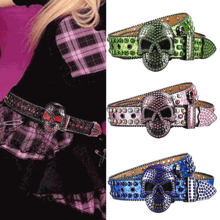 New Diamond Cowgirls PU Belt Bling Bling Western Goth Y2k Streetwear Skull Buckles Punk Style Studded Rhinestone Belt Man Woman - 图片 4
