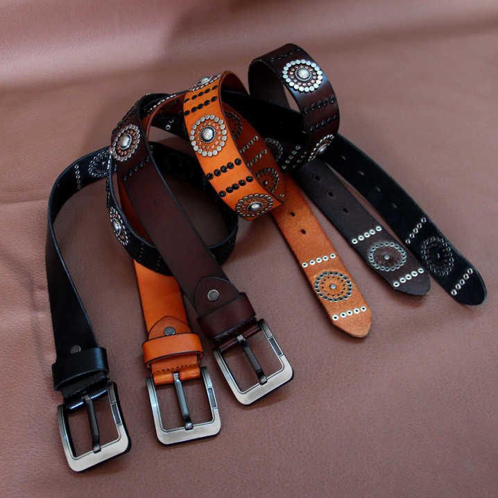 Wholesale Western Punk Retro Rivets Leather Belt With Square Pin Buckle New Trendy Goth Handmade Studded Rivet Unisex Jeans Belt - 图片 4