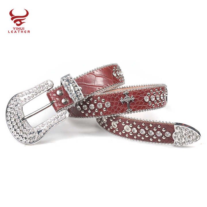 Designer Cross on the Red Leather Belt Shiny Diamond Western Cowboy Cowgirls Bling Big Buckle Rhinestones Belt Men - 图片 2