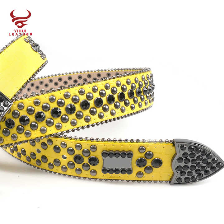 Custom Yellow Color 1.5" Luxury Cowboy Removable Diamond Belts Rockstar Cowboy Yellow Rhinestone Belts - 图片 3