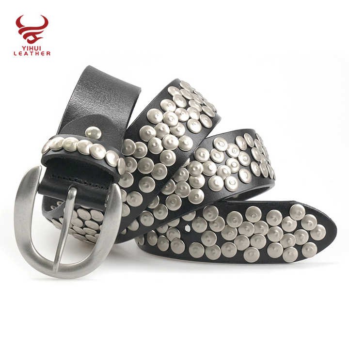 Wholesale Metal Mushroom Studded Leather Belt Genuine Leather Belt Luxury Black Punk Rock Cowhide Leather Belt for Man Women - 图片 2