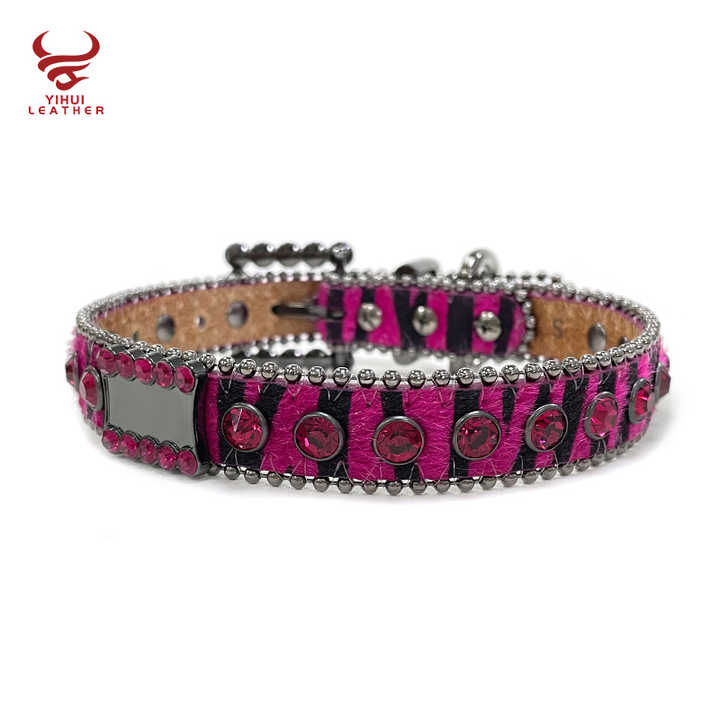 Custom Logo Diamond Dog Bark Collar Leather Strap Accessories Bling Bling Violet Rhinestone Leather Pet Collar BB Belts - 图片 4