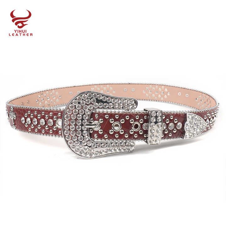 Designer Cross on the Red Leather Belt Shiny Diamond Western Cowboy Cowgirls Bling Big Buckle Rhinestones Belt Men - 图片 4