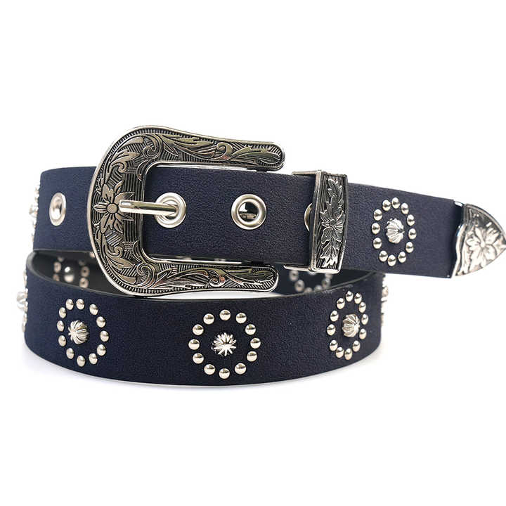 Fashion Graved Buckle PU Leather Studded Belt Women Vintage Western Cowboy Metal Heart Rivets Waist Belt for Ladies Girls - 图片 2
