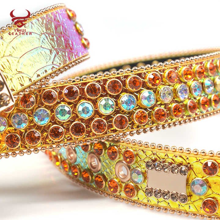 Bling Western Diamond Belt Young Men Big Buckle Colourful Gold Alligator Skin With Stones Belt Boys BB Simon - 图片 2