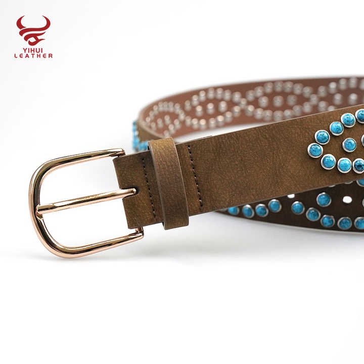Western Handmade Pin Buckle Vintage Concho Belt Women Wholesale Western Faux Leather Retro Studded Turquoise Stones Jeans Belt - 图片 4